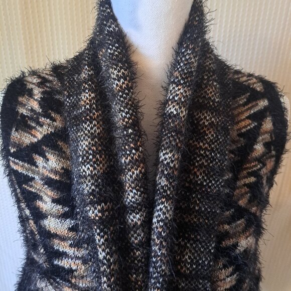 Women's Black Print Eyelash Open Front Shawl Collar Sweater Vest Size Large - Picture 7 of 8